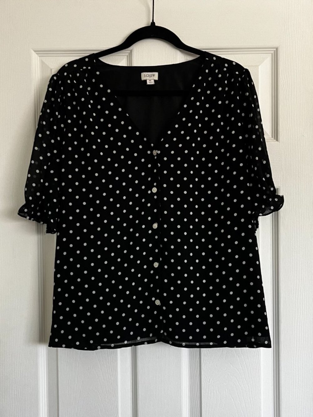 J. Crew Black And White Polka Dot Puff Sleeve Button Down Blouse Size XL